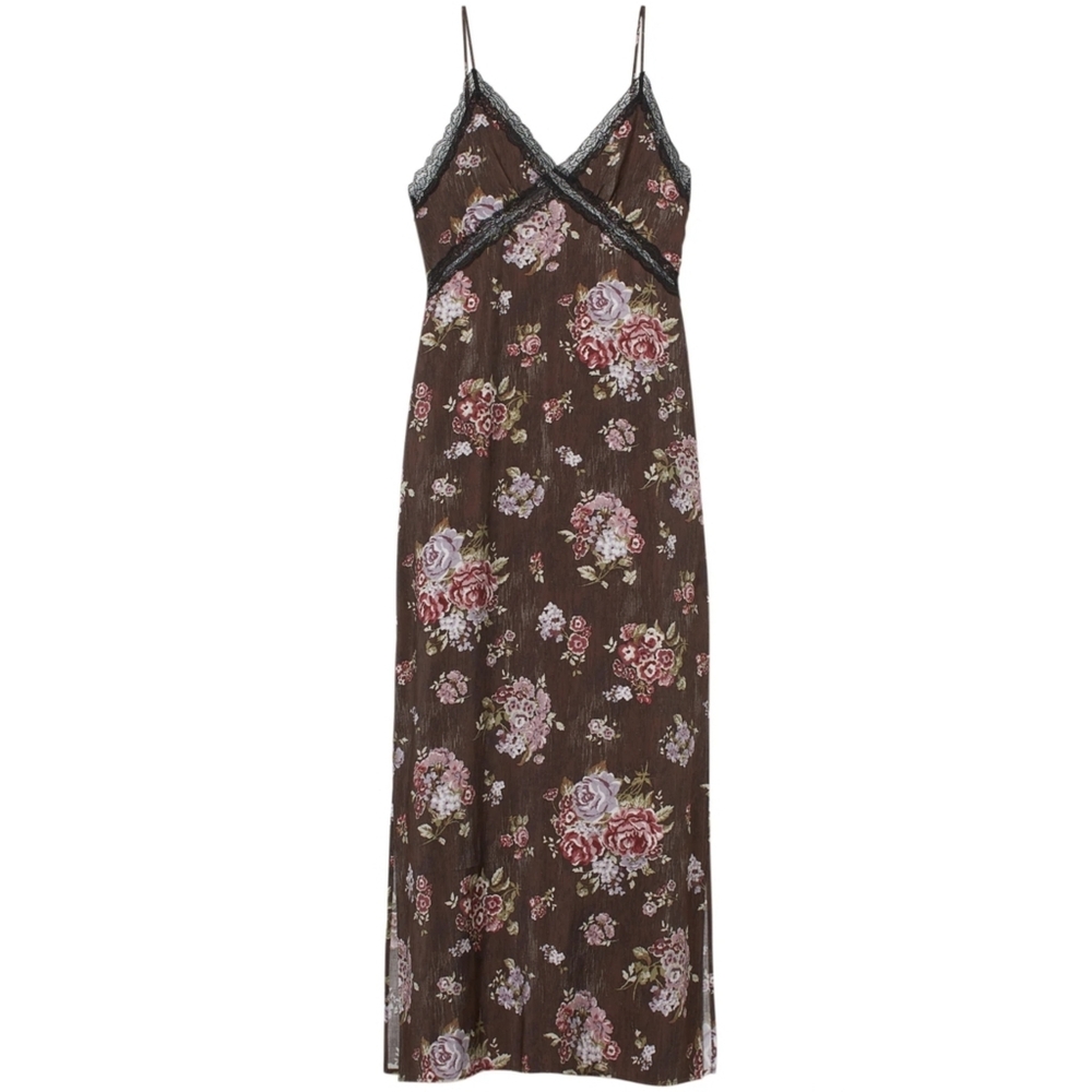 Brock Collection X H&M Lac Trim Floral Maxi Dress Size 8 In Chocolate Floral